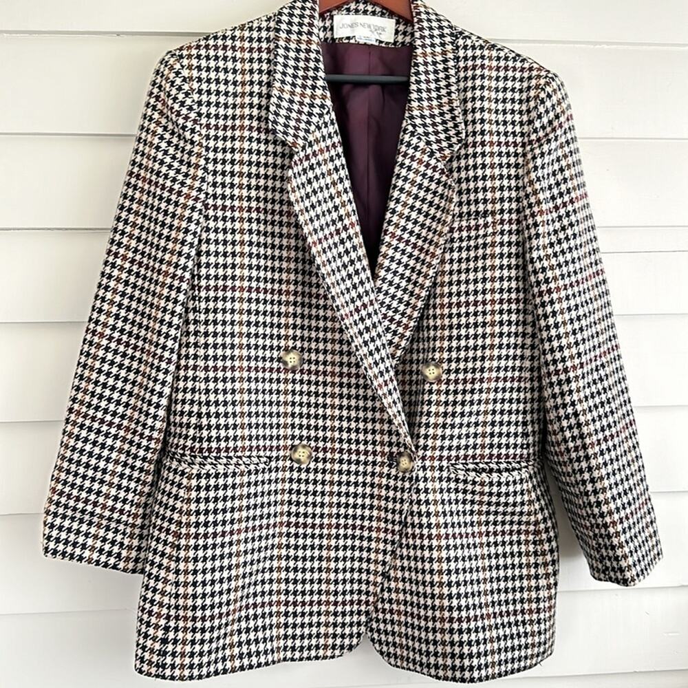 Vintage Jones New York Wool Houndstooth Check Blazer Model Off Duty Minimalist L